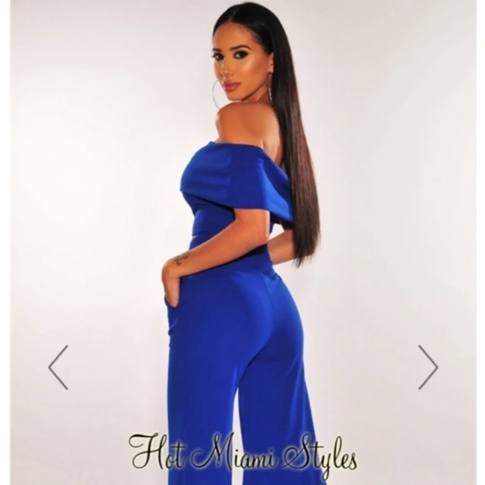 Hot Miami Styles Royal Blue Off-Shoulder top and pants - Picture 2 of 4